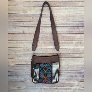 Boho Woven Crossbody Bag | Southwestern Embroidered Panel | Adjustable Strap